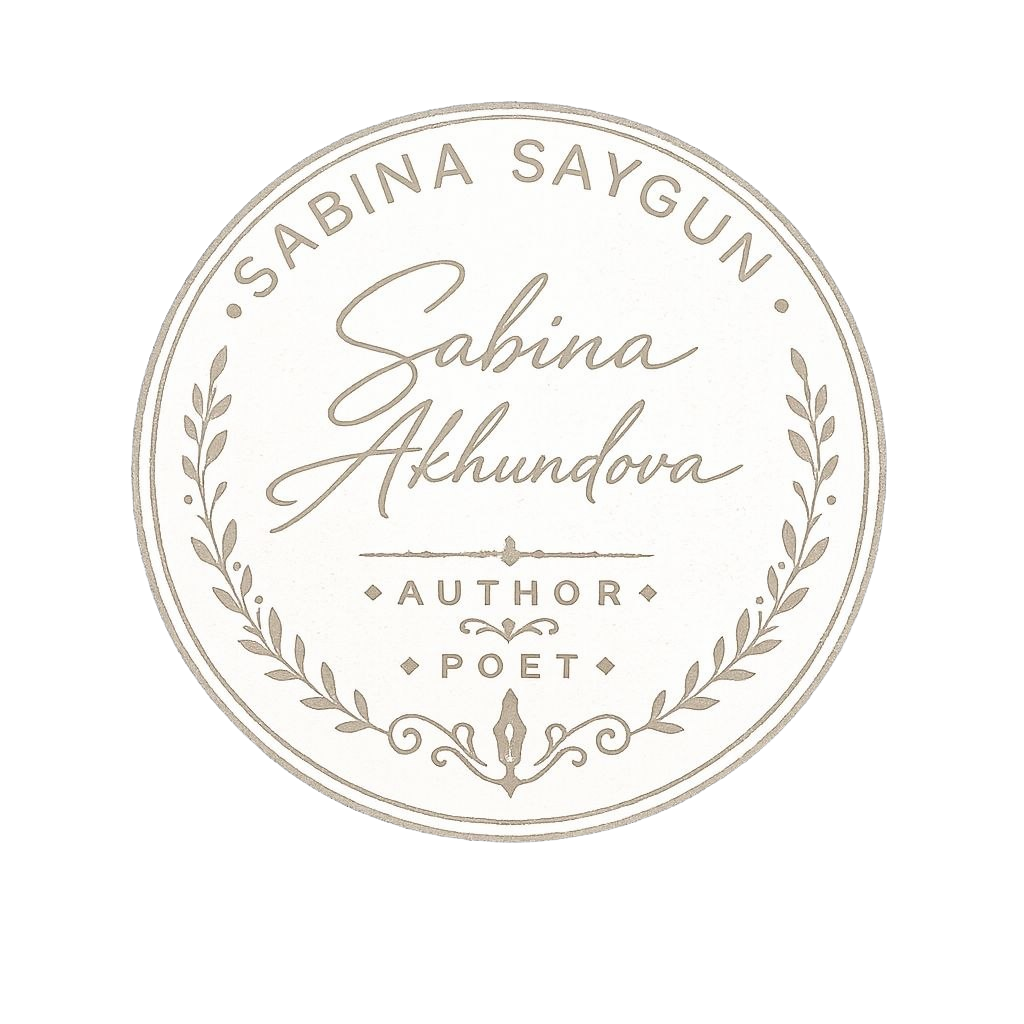 Remove the white background and black corners completely from this seal image. Keep only the beige/gold seal elements: the circular border, text "SABINA SAYGUN", cursive "Sabina Akhundova" signature, "AUTHOR • POET" text, laurel branches, decorative lines, and pen nib ornament. The result must have a fully transparent background — no white circle, no black edges, no square border. Only the seal design itself remains.